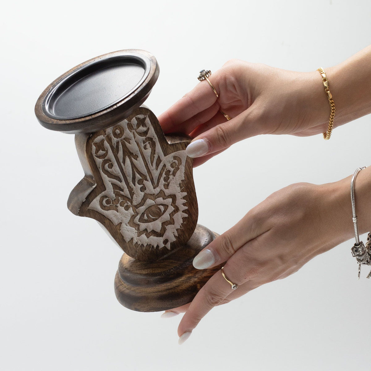 Hamsa Mango Wood Candle Stand – Small