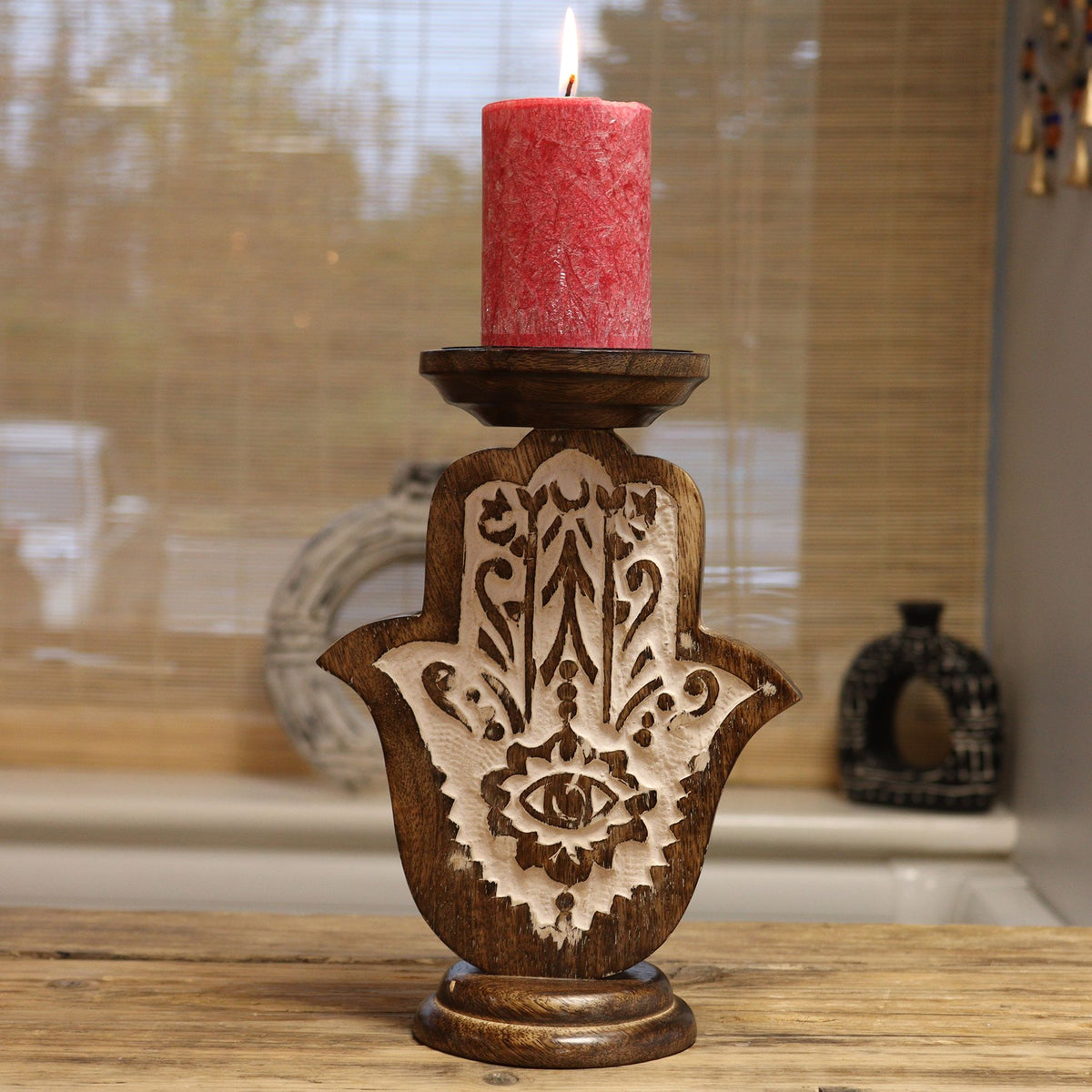 Hamsa Mango Wood Candle Stand – Large